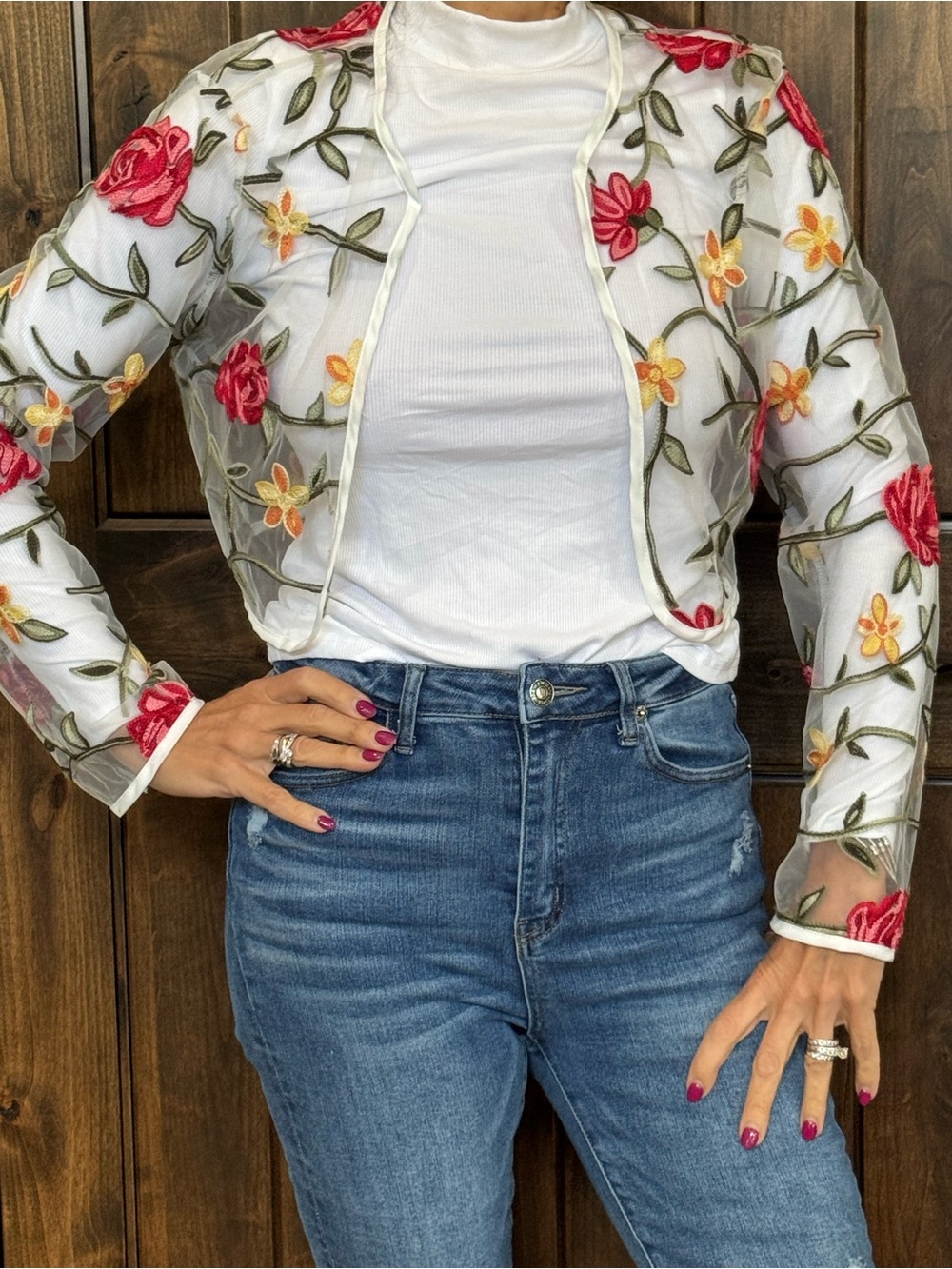 Sheer Embroidered Floral Crop Jacket - White with Red & Yellow Flowers